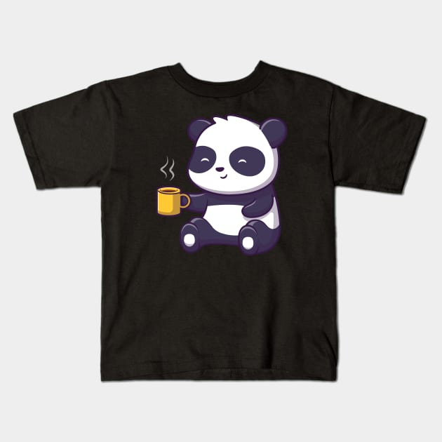 Cute panda sitting and drinking tea Kids T-Shirt by Catalyst Labs